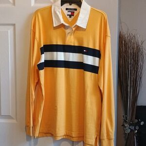 Tommy Hilfiger Men's Long Sleeve Rugby Shirt Yellow Navy White Stripe XL